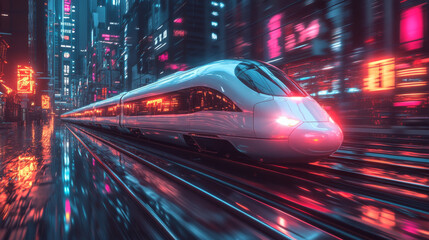 Fototapeta premium futuristic high speed train glides through neon lit city at night, reflecting vibrant colors on wet tracks, creating dynamic urban scene