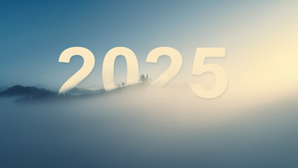 New year 2025 inspirational abstract nature background and foggy horizon of mountain hills and...