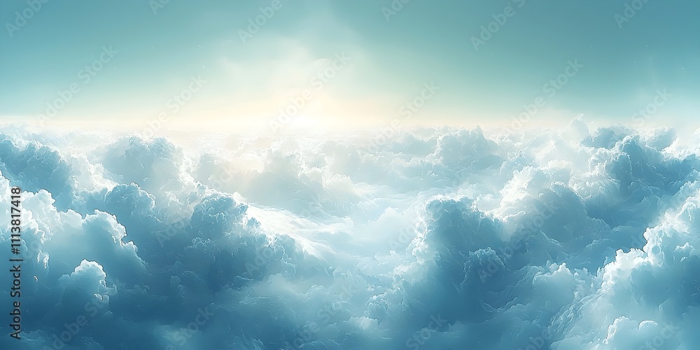 Poster a stunning view of fluffy clouds illuminated by soft sunlight, creating a serene and tranquil atmosp