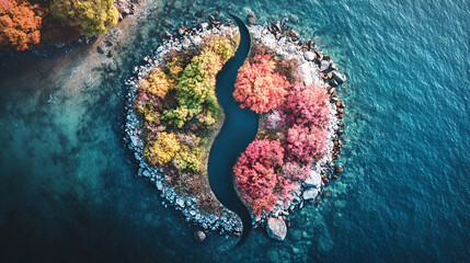 Aerial view of beautiful spring garden with blooming trees and pond, view of beautiful garden with pond in autumn season, top view,  beach and clear water, surrounded by tropical greenery