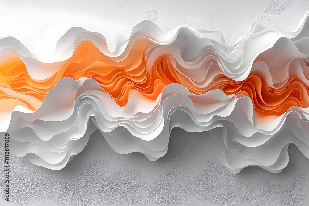 Poster an artistic display of wavy white and orange paper layers, creating a dynamic and vibrant texture. t
