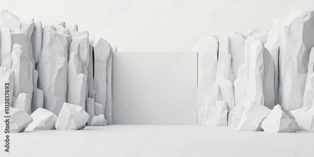 Poster a minimalist scene featuring white rocky formations on either side, creating a stark, clean backdrop