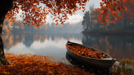 Boat on the lake with autumn leaves in foggy morning, Serene lake scene with vibrant autumn colors, Fishing boat on the lake in autumn forest with fallen leaves