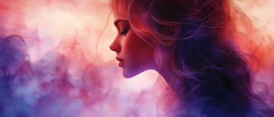 A serene profile of a young Caucasian woman with flowing hair, surrounded by an ethereal blend of pastel colors, evoking a sense of tranquility and dreaminess.