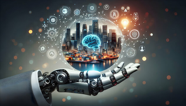 AI Robot Background A robotic hand holding a futuristic orb-like city, with AI symbols like a brain, gears, and neural n3