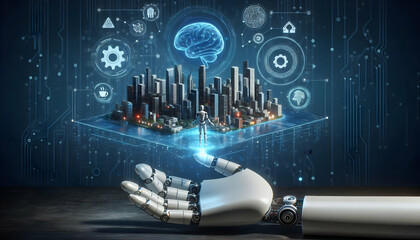 AI Robot Background A robotic hand presenting a floating cityscape on a holographic platform, with AI symbols like a glo2