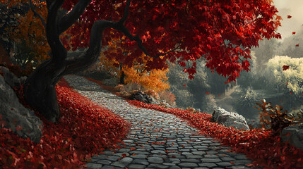 Autumn tree with red leaves in the park,
Vibrant Red Leafed Plants Blossoming, Bold And Stunning, A Tree Adorned With Red Heart shaped Leaves