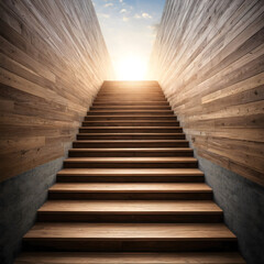 Wooden stairs leading to sunlight between walls, ideal for conveying hope, progress, and new beginnings in real estate or inspirational concepts.