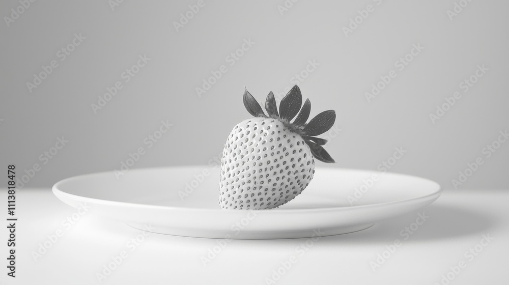 Poster a solitary strawberry on a white plate, captured in a minimalist style with soft lighting, emphasizi