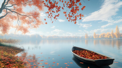 Boat on the lake with autumn leaves in foggy morning, Serene lake scene with vibrant autumn colors, Fishing boat on the lake in autumn forest with fallen leaves