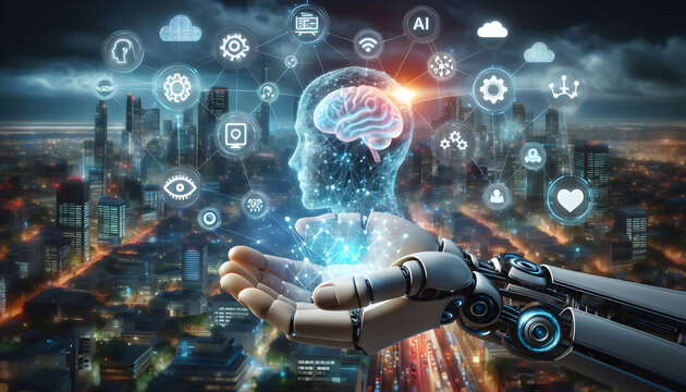 AI Robot Background A robotic hand gently cradling a glowing futuristic cityscape with holographic AI symbols floating a2 - Powered by Adobe