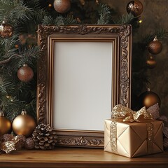 Picture frame mockup with Christmas ornaments, home decor during holiday season, festive Xmas display print