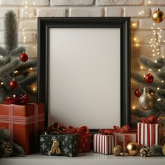 Picture frame mockup with Christmas gifts and festive ornaments, seasonal display for Xmas celebration