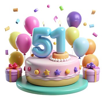 3D 51st Birthday Celeberation With Pastel Theme Cake And Ballooons On White Background
