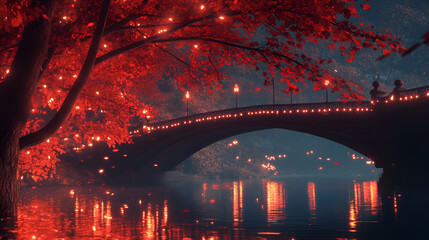 beautiful autumn atmosphere professional advertising photography, Forest of a maple and red bridge of colored leaves, Serene autumnal landscape with vibrant foliage in the countryside