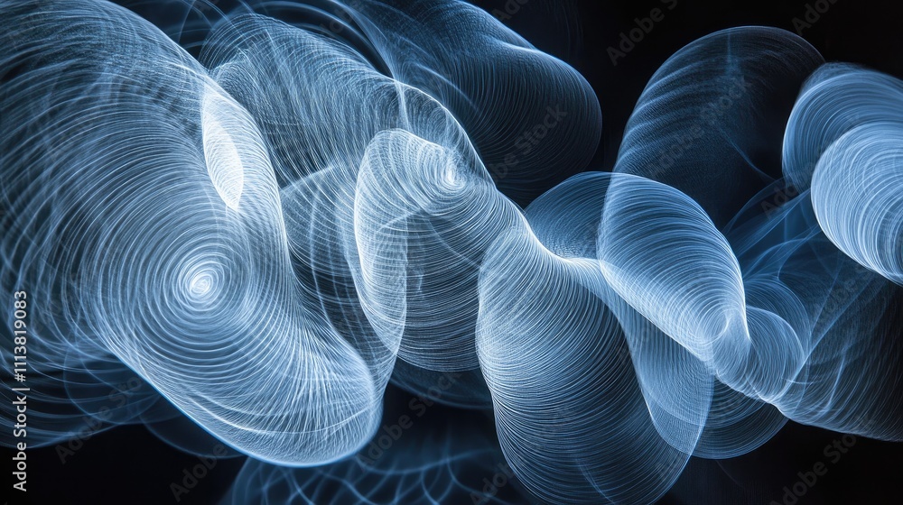 Poster close-up of white smoke rings swirling and overlapping in an intricate pattern on a black background