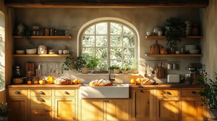 Rustic kitchen interior with sunlight, wooden cabinets, and fresh bread.