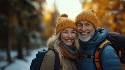 Smiling senior couple hiking in scenic autumn forest, exploring nature during fall, print for National Hiking Day and National Couples Day