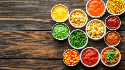 Colorful selection of Indian street food including pani puri and bhel puri, served in small bowls with vibrant chutneys on a wooden table