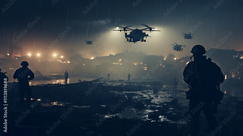 Poster futuristic soldiers tactically controlling drones and equipment in an augmented reality battlefield 