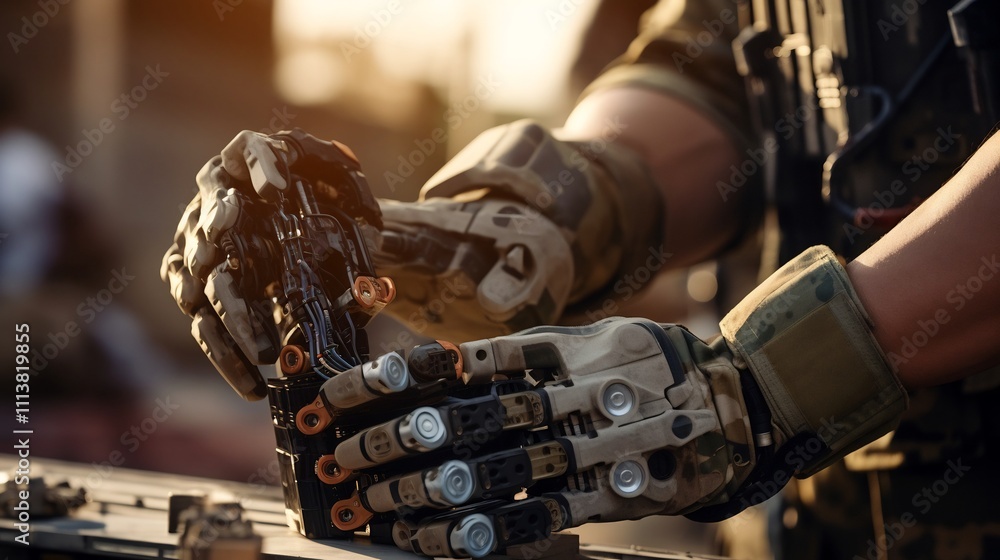 Poster close up of a soldier s hands manipulating a joystick to control a military grade robot on the battl