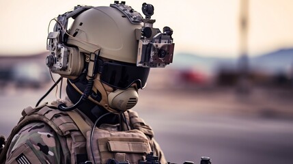 Futuristic soldier wearing advanced smart helmet with integrated AI powered targeting and intelligence systems for military combat and The soldier is equipped with high tech gear and weaponry