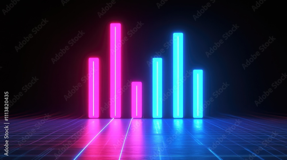 Poster digital bar graph with neon lights on a dark background, displaying a futuristic approach to financi