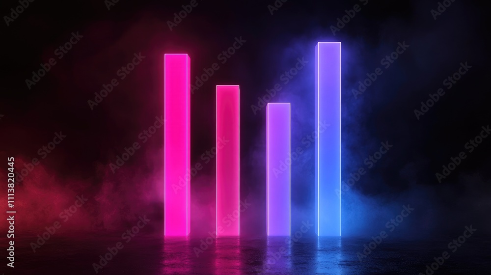 Poster digital bar graph with neon lights on a dark background, displaying a futuristic approach to financi