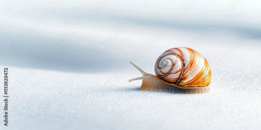 Poster a close-up of a colorful snail slowly moving over a smooth, light surface, showcasing its intricate 