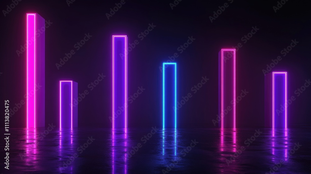 Poster digital bar graph with neon lights on a dark background, displaying a futuristic approach to financi