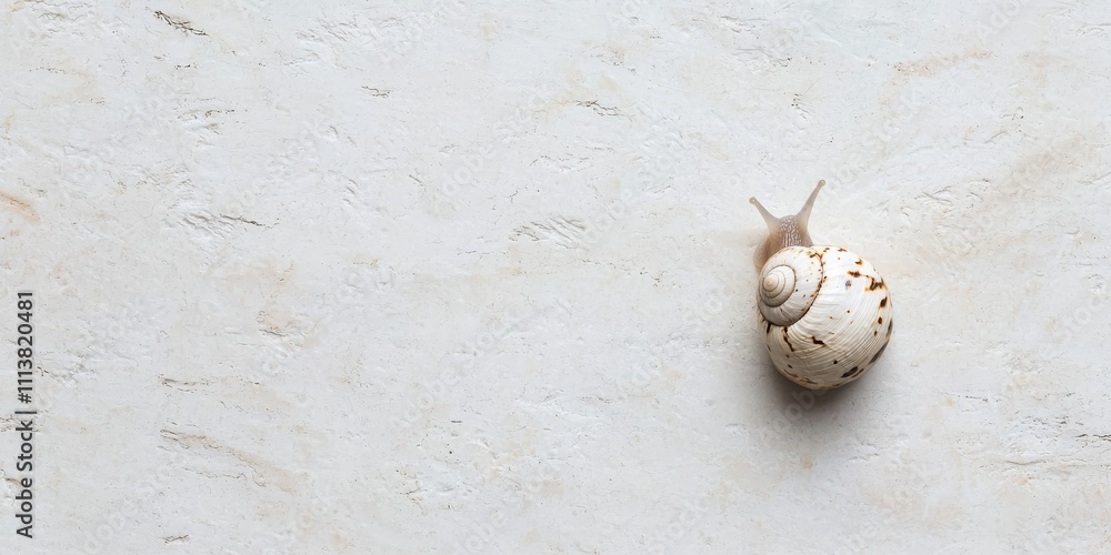 Poster a close-up of a white snail on a light-colored surface, showcasing its shell and texture in a minima