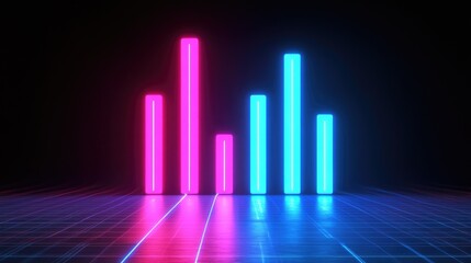 Digital bar graph with neon lights on a dark background, displaying a futuristic approach to financial data and analytics