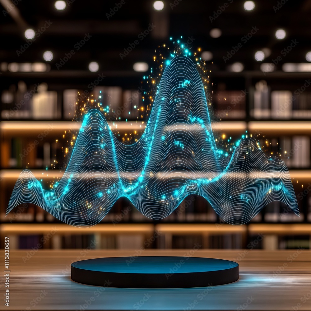 Poster holographic data visualization, glowing lines and particles on a dark background.