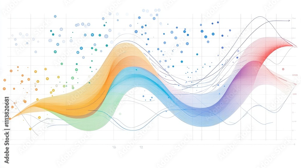 Poster dynamic chart with multiple line graphs intersecting, using bright colors against a minimalist grid 