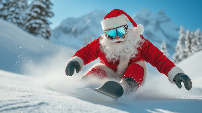 Schnelle Lieferung von Weihnachtsgeschenken auf die letzte Minute lustiges Motiv f&uuml;r Weihnachtskarte mit Weihnachtsmann der Ski f&auml;hrt Skibrille Generative AI