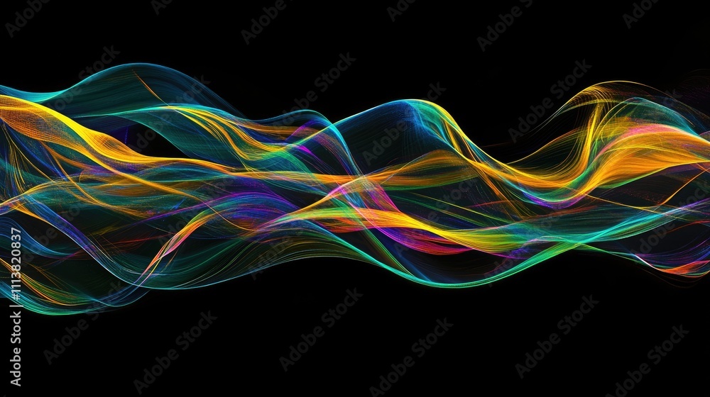 Poster dynamic wave lines in neon colors on a dark background, forming an abstract graphic pattern that rep