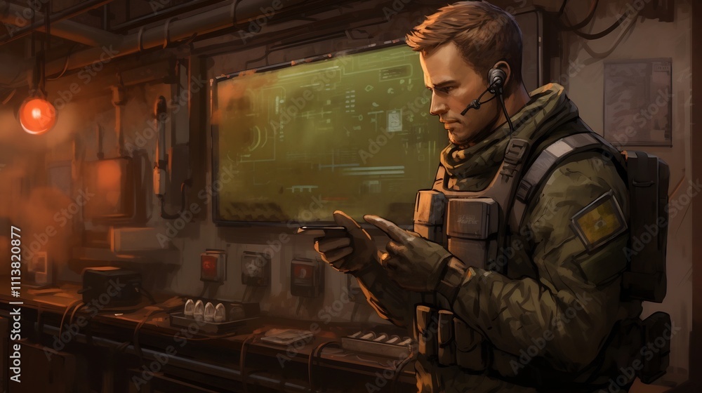 Poster soldier in military uniform interacting with advanced touchscreen interface to control and operate c