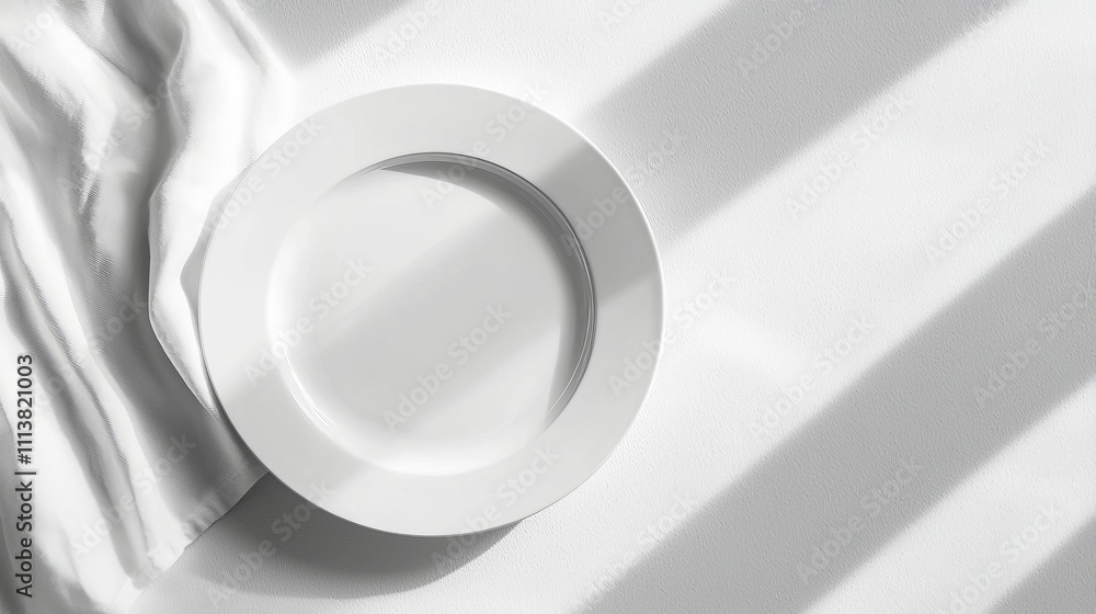 Poster a minimalistic white plate is placed beside a soft cloth, casting shadows on a light surface, creati