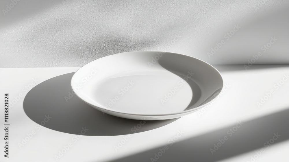 Poster a minimalist white plate casts a soft shadow, showcasing its elegant design against a clean backgrou