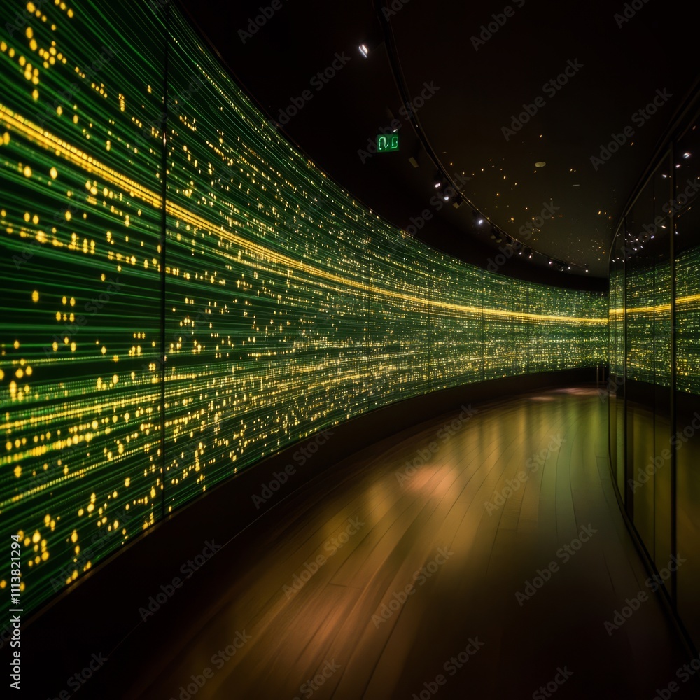 Poster illuminated curved corridor with data streams on walls.