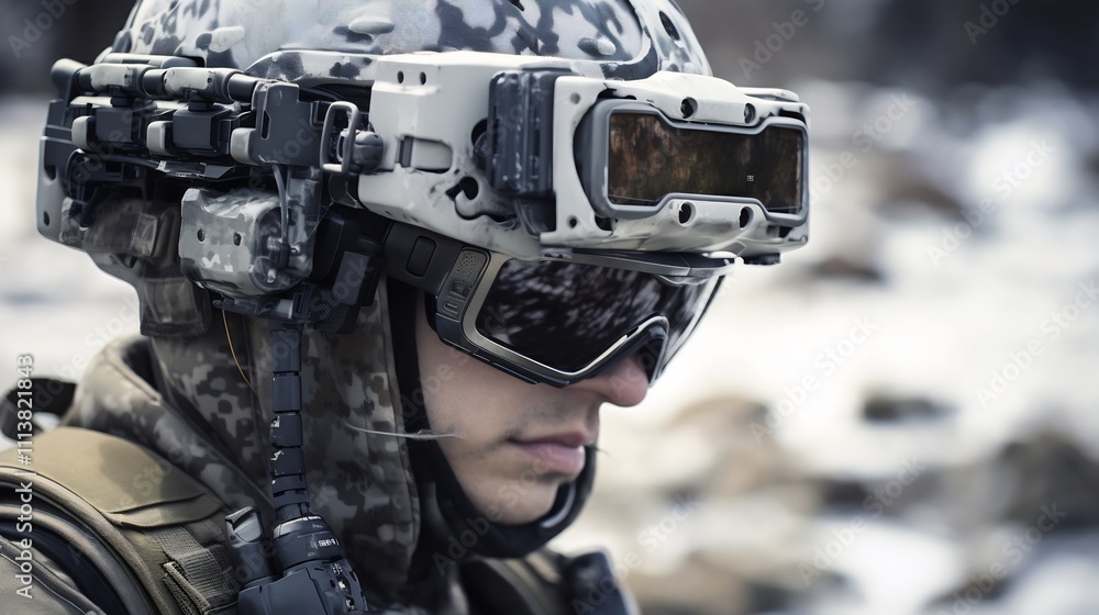 Poster close up view of a soldier wearing advanced augmented reality glasses while remotely operating high 