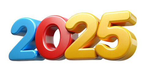 3D rendered cut out isolated for color text word 2025 on a white background hovering above the ground. Concept - christmas, new year, xmas, date, year snake