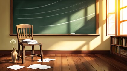 Sunlit Classroom With Chair Papers And Bookshelf