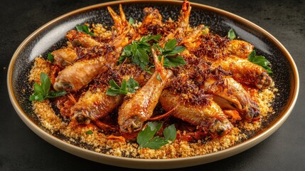 Fried chicken wings and drumettes arranged neatly on a round plate with crispy crumbs and herbs on the side