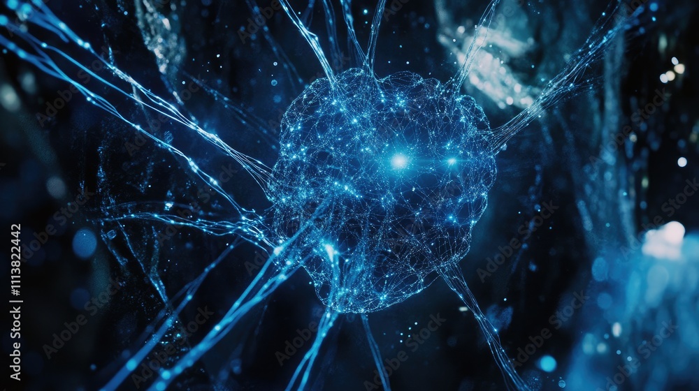 Poster futuristic ai concept with glowing neural network lines and abstract brain-like structure, symbolizi