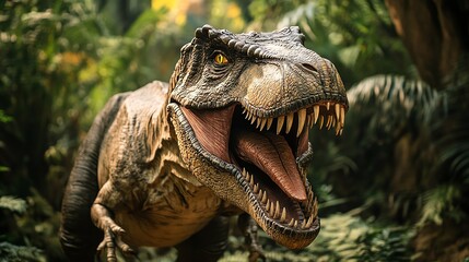 Obraz premium A Tyrannosaurus Rex dinosaur with its mouth open in a menacing roar.