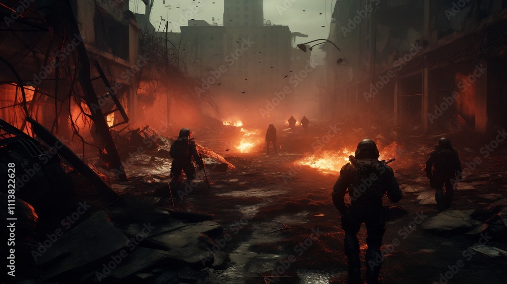 Poster a futuristic battlefield scene depicting robotic soldiers working in tandem with human operators to 
