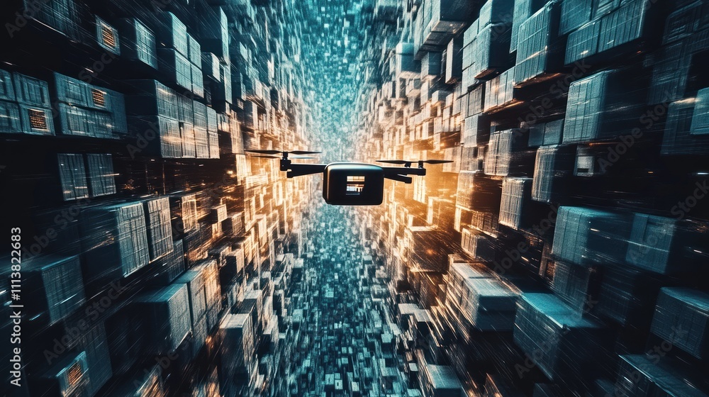 Aufkleber drone flight through digital data cube corridor