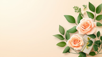 Beautiful illustration featuring soft peach roses and green leaves, perfect for romantic occasions or celebrations. clean design offers ample copy space for personalized messages