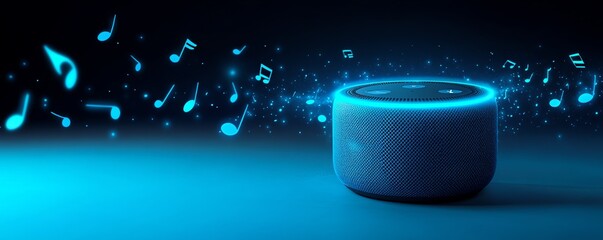 An illustration Bluetooth speaker with neon blue LED rim, vector style musical notes surrounding, copy space for text